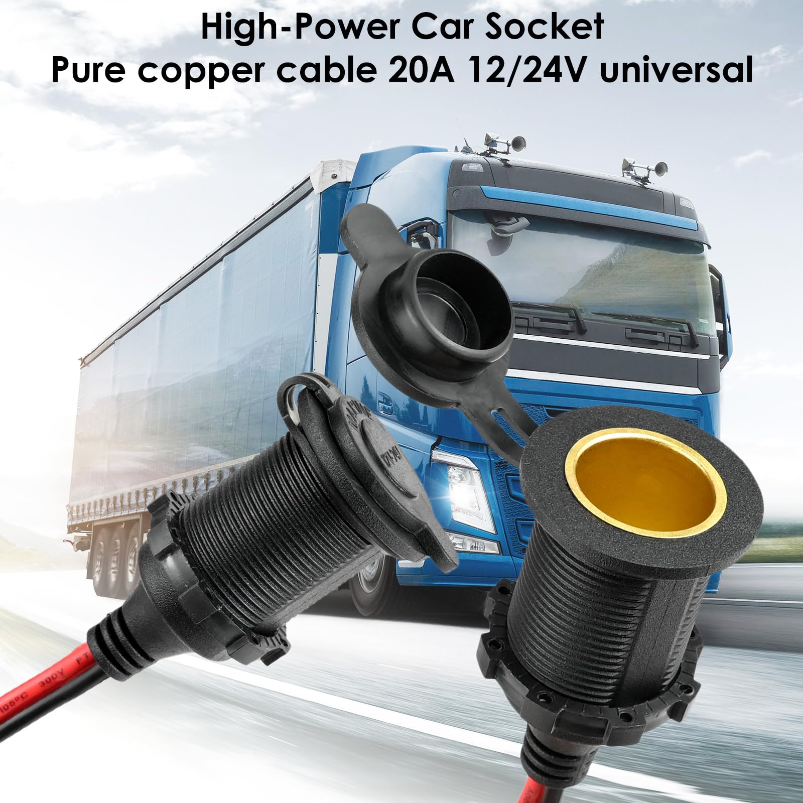 Presa accendisigari, impermeabile e antipolvere, grado marino 12 V/24 V, presa accendisigari da 14 AWG 20 A, con cavo di collegamento da 1 m, per auto, barca, moto