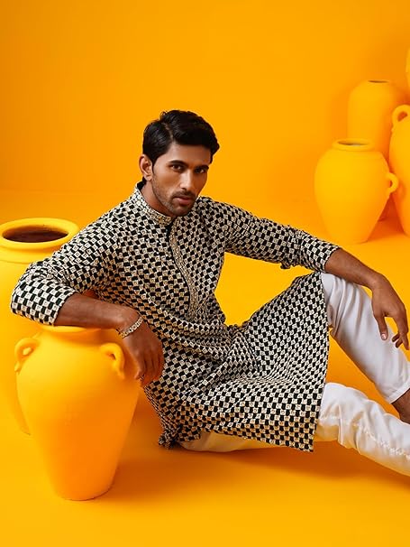 SOJANYA (Since 1958 Men's Cotton Rayon Sequinned Embroidered Kurta with White Pyjama - Image 2