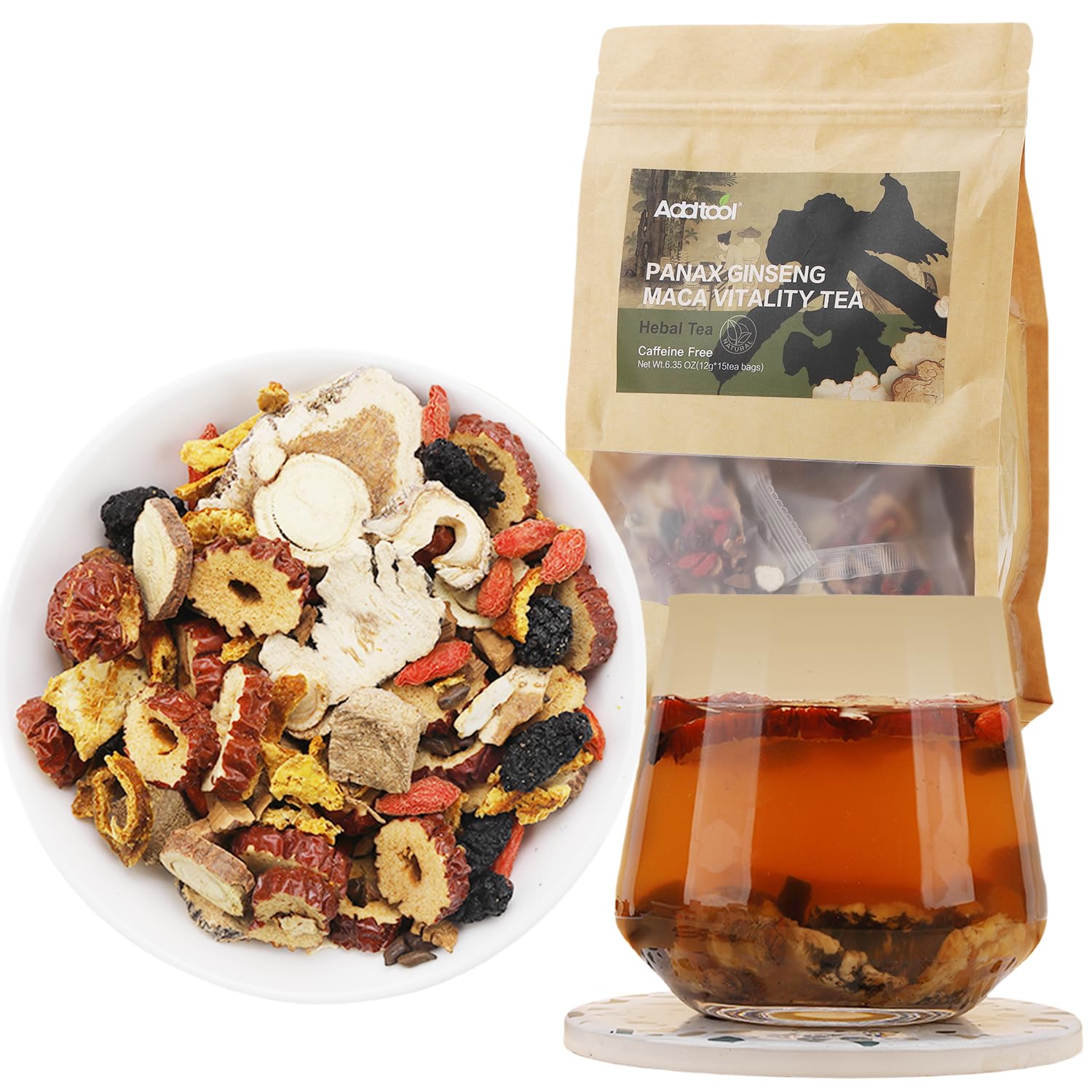 Addtool Maca Ginseng Power Blend Tea，Ginseng-Infused ten Treasure Kidney Tea , for Women & Men。with,Reishi Red Date Wolfberry Mulberry Cassia seed，Premium (180 grams / 15 packs) Each tea bag can be steeped multipletimes.