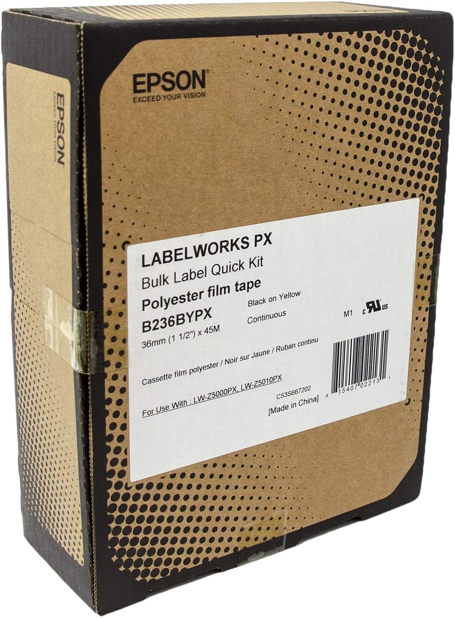 Epson LABELWORKS B236BYPX Genuine Bulk Continuous PET (Polyester) Tape - Black on Yellow Standard Industrial Label Maker Tape - 1.5" (36MM) Wide, 147.6 ft