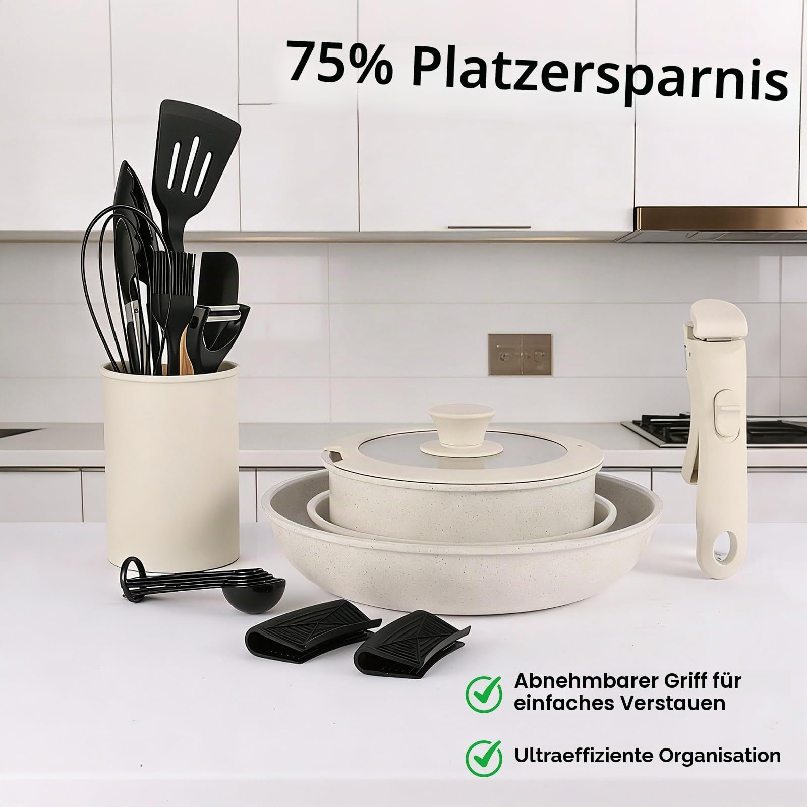 19-Piece Cream White Ceramic Cookware Set with Removable Handles – Non-Stick Frying Pan & Induction Pot Set, Space-Saving, Oven Safe, PTFE/PFOA/PFOS-Free, Kitchen Cooking Pot Set for All Hobs