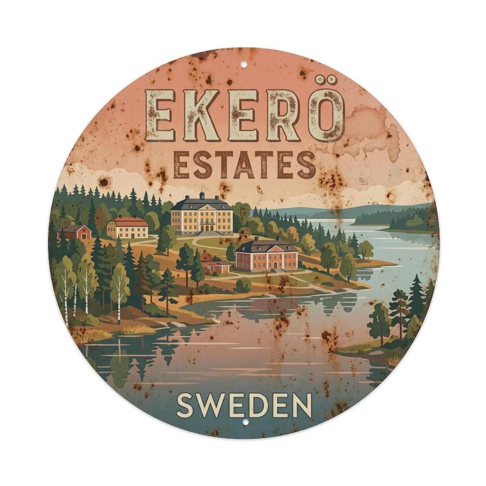 Vintage Travel Ekero Sweden Estates Metal Tin Sign