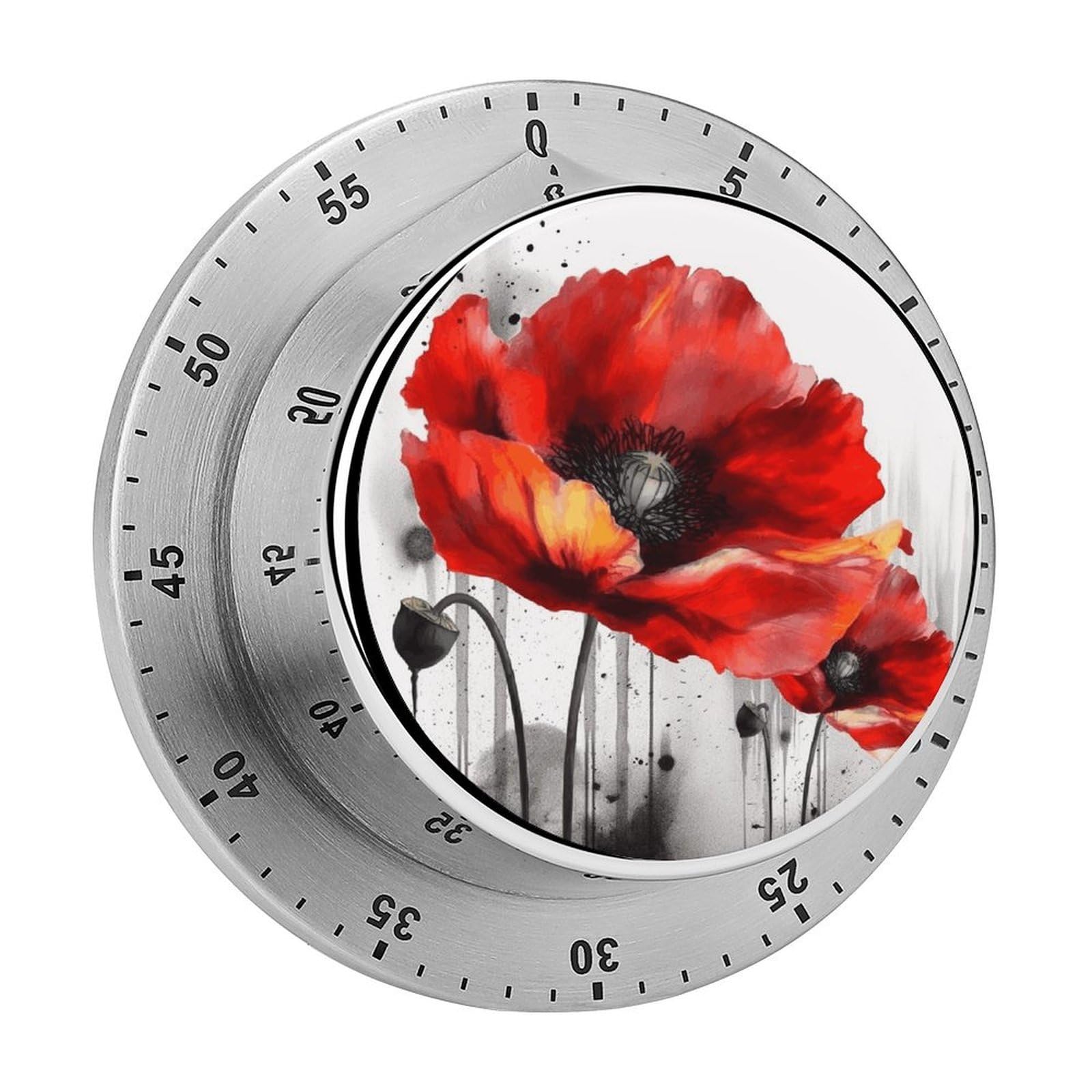 Beautiful Poppy Flower Ink Timer Exquisite Stainless Steel Body Mechanical Desk Timers 60 Minutes Visual Countdown Timers with Magnetic Backing Loud Alarm Kitchen Timer for Cooking