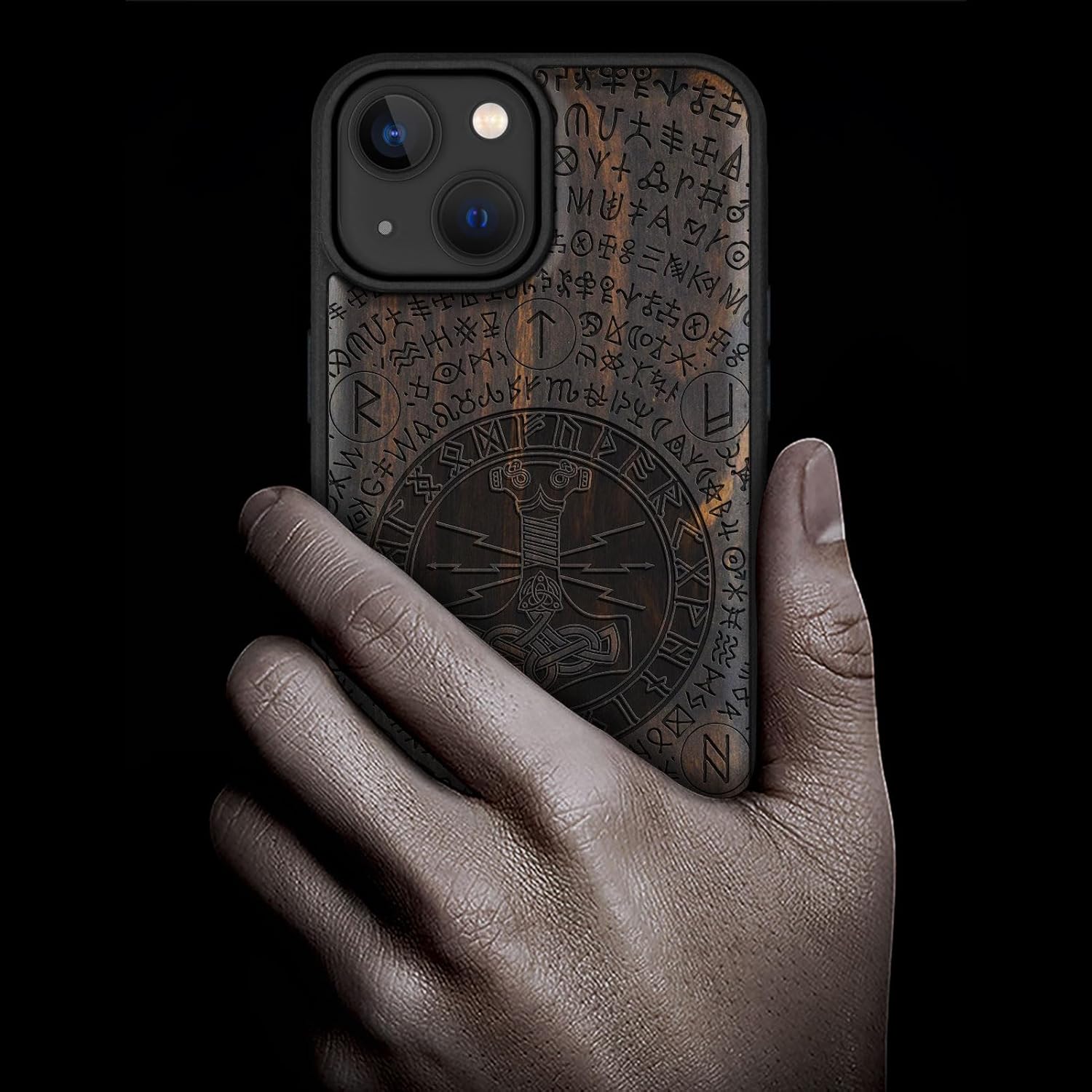 Carveit Magnetic Wooden Case for iPhone 15 Case, Compatible with MagSafe Wireless Chargers, Black Soft TPU Shockproof Cover & Wood Artisan Engraved (Thors Hammer) - Blackwood