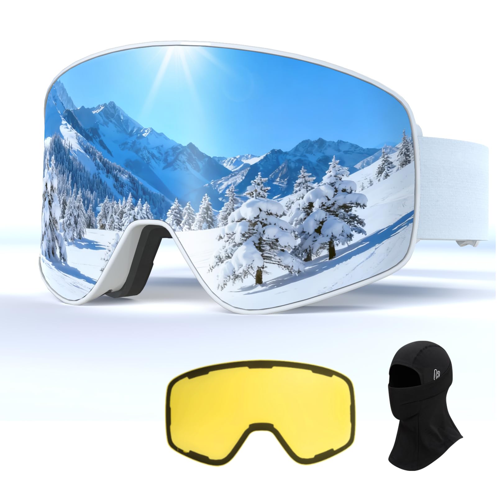 Gogle narciarskie, bezramowe gogle snowboardowe z 2 soczewkami narciarskimi z magnesem UV400, YH212 przeciwmgielne gogle śnieżne dla dorosłych mężczyzn kobiet (biała oprawka - srebrna soczewka VLT 16%
