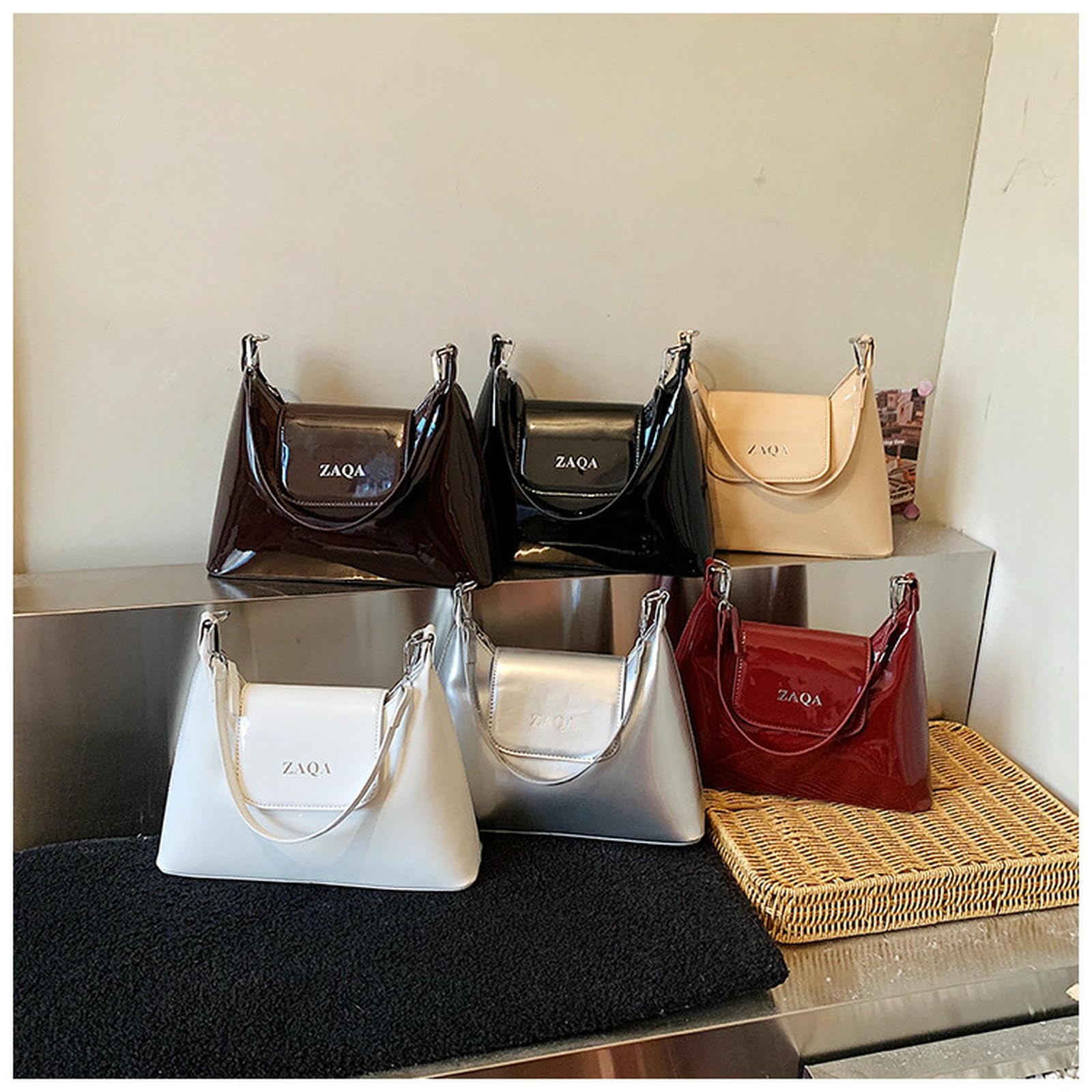 Damentaschen Damen Lackleder Eimer Tasche, Eine Modische Und Trendige Schulter- Crossbody Tasche -白色