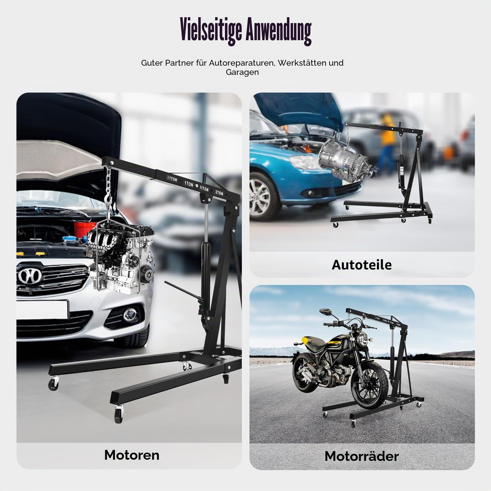 Hydraulischer Werkstattkran 2 Tonnen - Faltbarer Motorkran aus Kohlenstoffstahl, Motorheber mit verstellbarem Arm, drehbaren Rädern und verstärktem Rahmen, für Garage und Werkstatt (Schwarz)