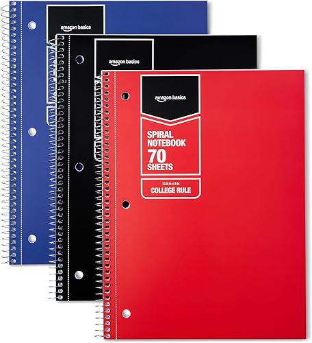 Tienda Basics Cuaderno espiral con rayas universitarias, 70 hojas, 7-12 x 10-12 pulgadas, varios colores sólidos primarios, paquete de 3