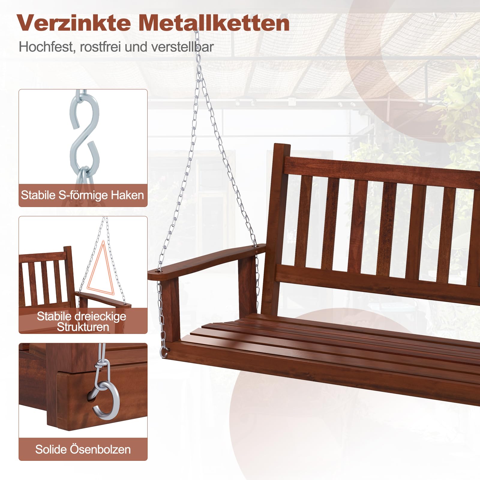 GOPLUS Hängebank, Gartenschaukel aus Pappelholz bis 227kg/360kg belastbar, Hängeschaukel mit Verstellbarer Kette, Hollywoodschaukel Schaukelbank Outdoor für Terrasse Garten Hof (3-Sitzer,Braun)