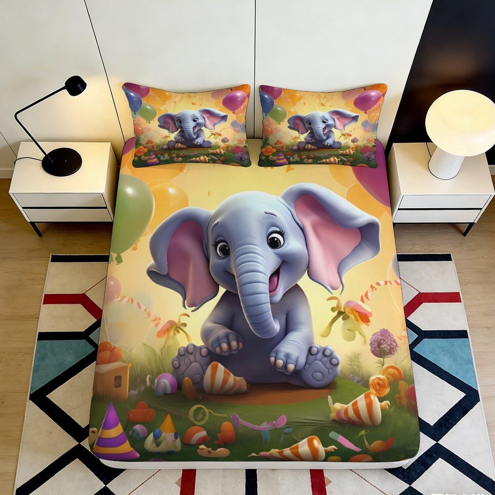 3D Printed Cute Elephant Fitted Sheet Microfiber Soft Breathable Balloon Bed Sheet for Bedroom Dormitory Guest Room Mattress Protection Decor 200x200x25cm