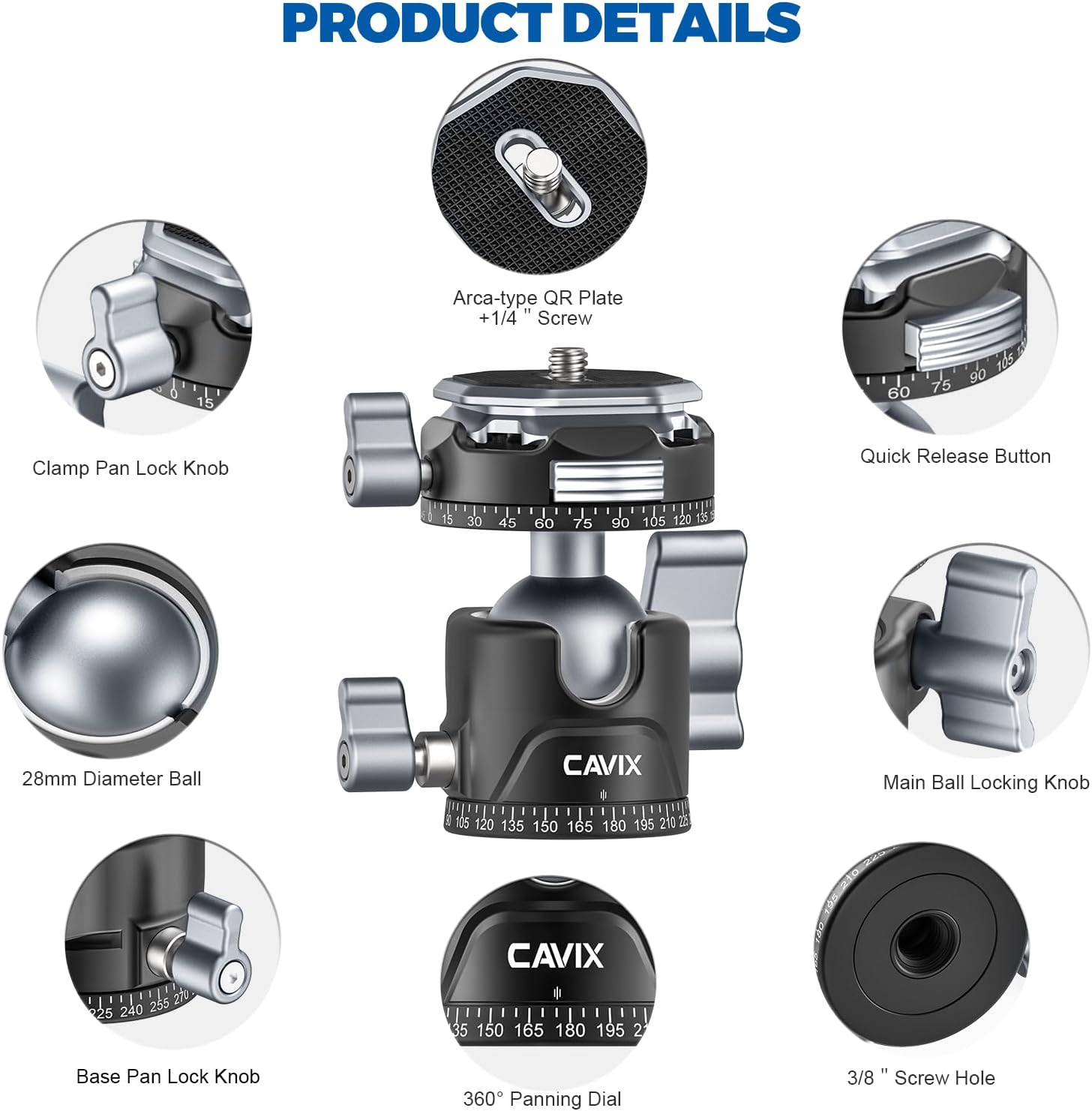 CAVIX 360° Rotating Panoramic Ball Head, Tripod Head Mount 1/4" & 3/8" with Arca Quick Release Plate, for DSLR Camera,Tripod,Monopod,Slider,Camcorder, 11 lbs/5kg Load