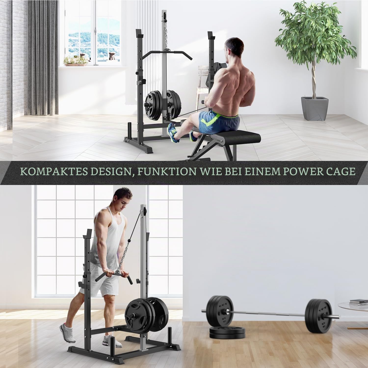 JX FITNESS Power Cage Rack mit Lat-Pulldown-Riemenscheibensystem, verstellbarer Kniebeugenständer, Kraftkäfig mit J-Haken für Heim-Fitnessstudio