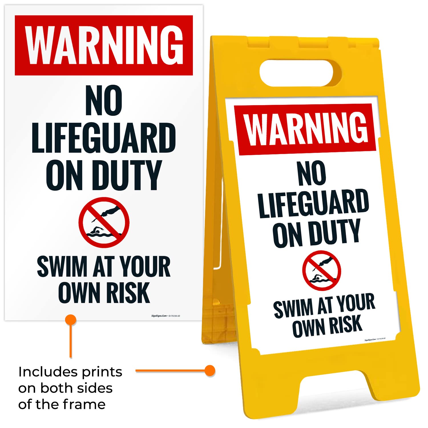 Warning No Lifeguard On Duty Swim at Your Own Risk with Graphic Folding Floor Sign, 10x16 Inches, with A Frame Stand, Made in USA by Sigo Signs