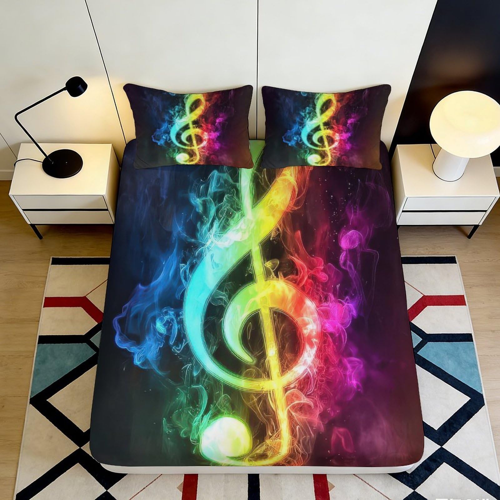 3D Printed Colorful Music Note Fitted Sheet Microfiber Deep Pocket Bedroom Bedding Music Note Mattress Fitted Cover Washable 140x200x25cm