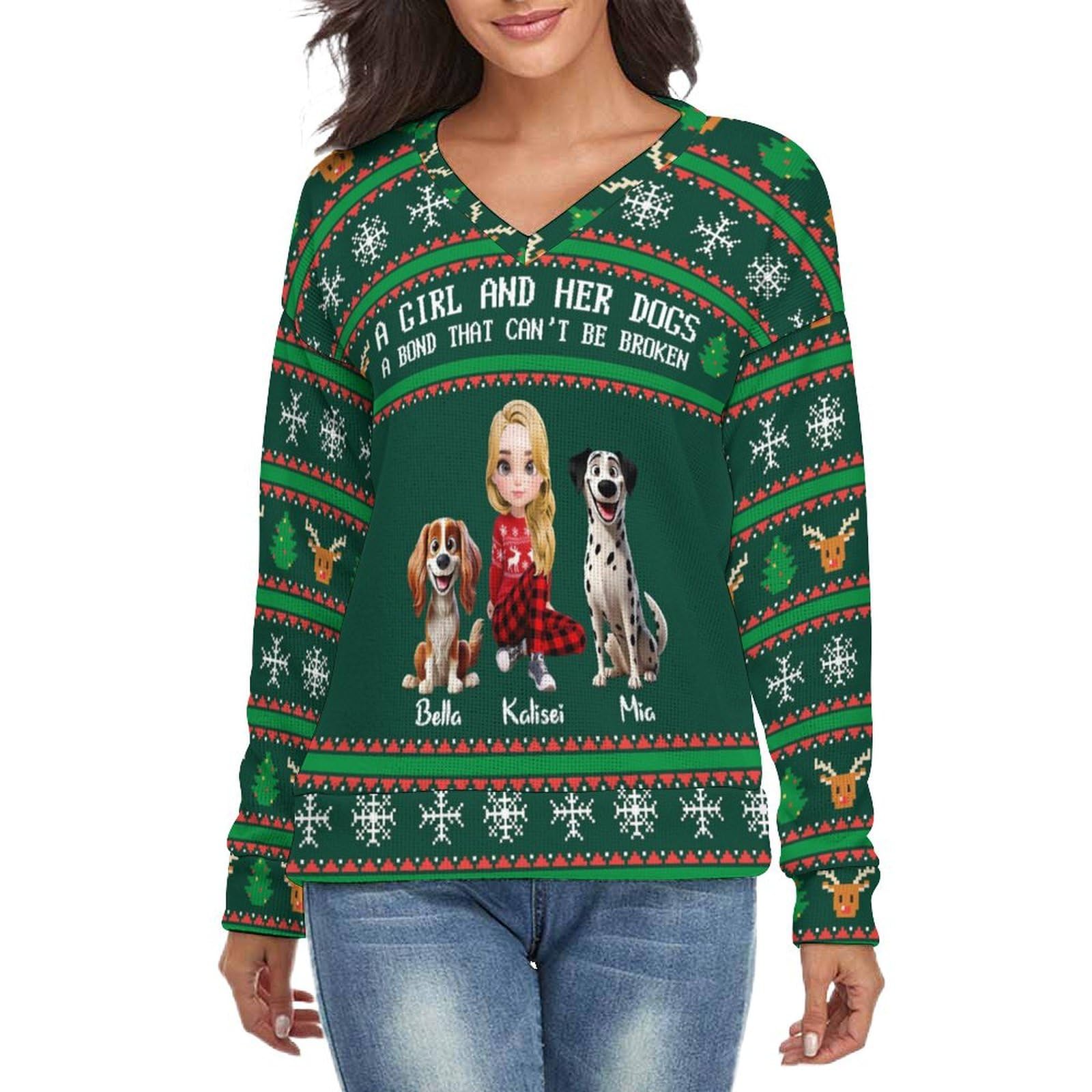 A Girl And Her Dog A Bond That Can't Be Broken Ugly Sweatshirt,Personalized Christmas Sweatshirts,Custom Sweaters with Woman and Dogs Cartoon Design,Christmas Birthday Gift For Dogs Mom Dog Lovers