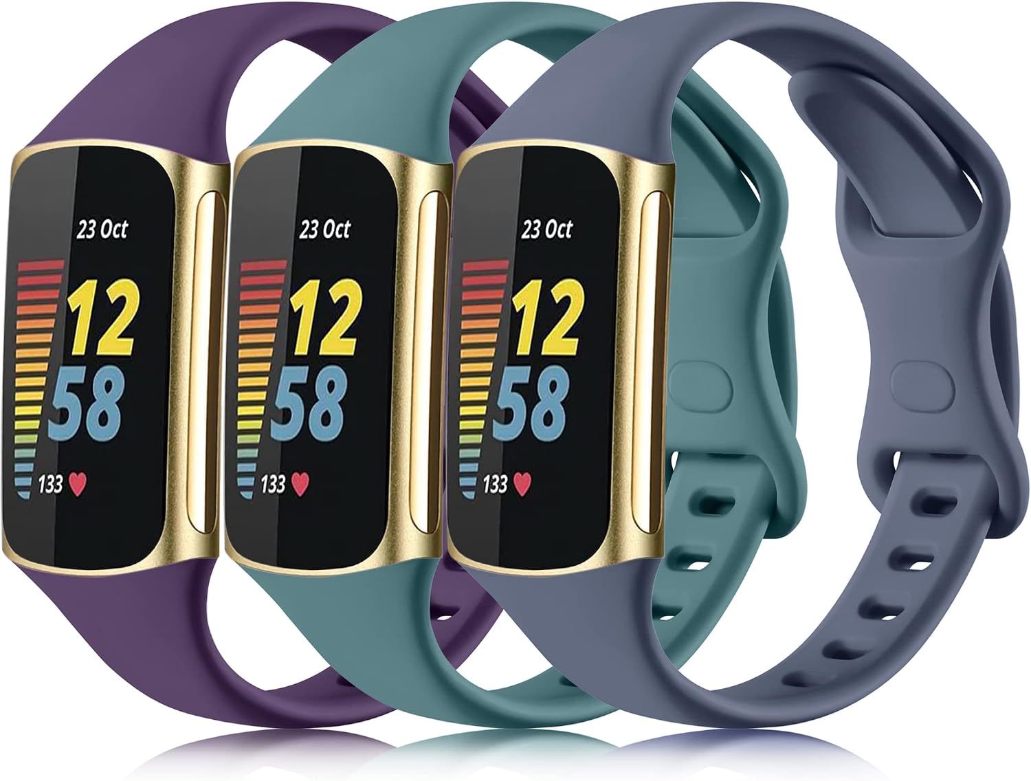 [3 pack] Osber Slim Bands Compatible for Fitbit Charge 5, Soft Silicone Replacement Wristbands for Women Men (Blue Gray/Pine Green/Plum)