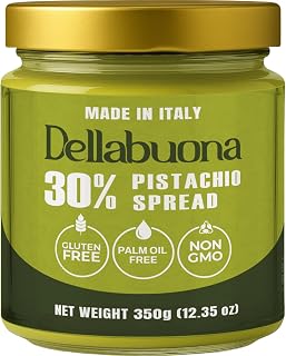 Dellabuona Pistachio Cream with 30% Pure Pistachios - Italian Crema di Pistacchio for Dubai Chocolate Recipes - 12.34 oz Glass Jar, Non-GMO, No Palm Oil