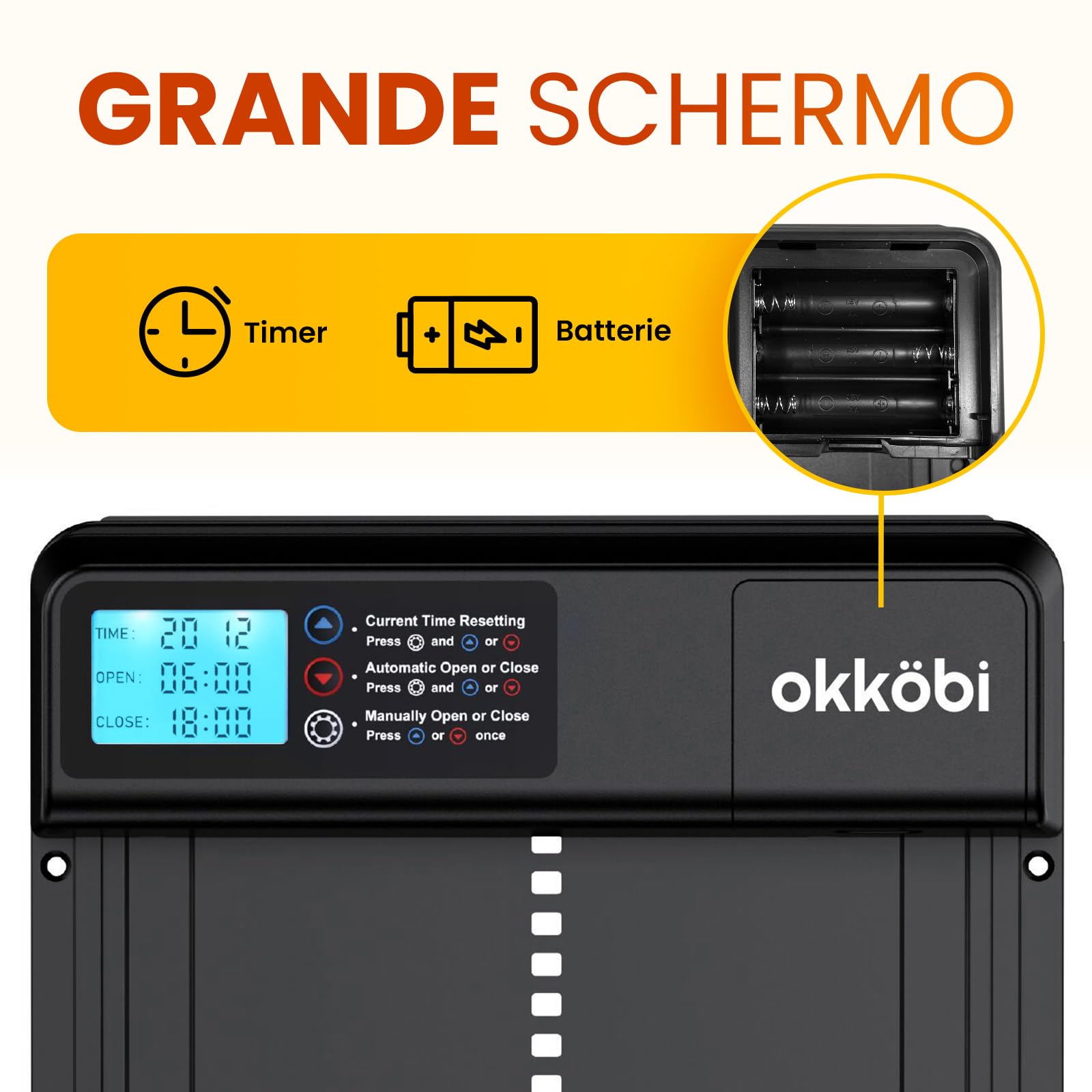 Chicken Coop Door Lite Porta Automatica per Pollaio, Schermo LCD | Batterie 3x Aa Incluse, Modalità Timer e Manuale, Sistema Anti-schicciamento, Apertura 28 X 24 CM, Due di Funzionamento
