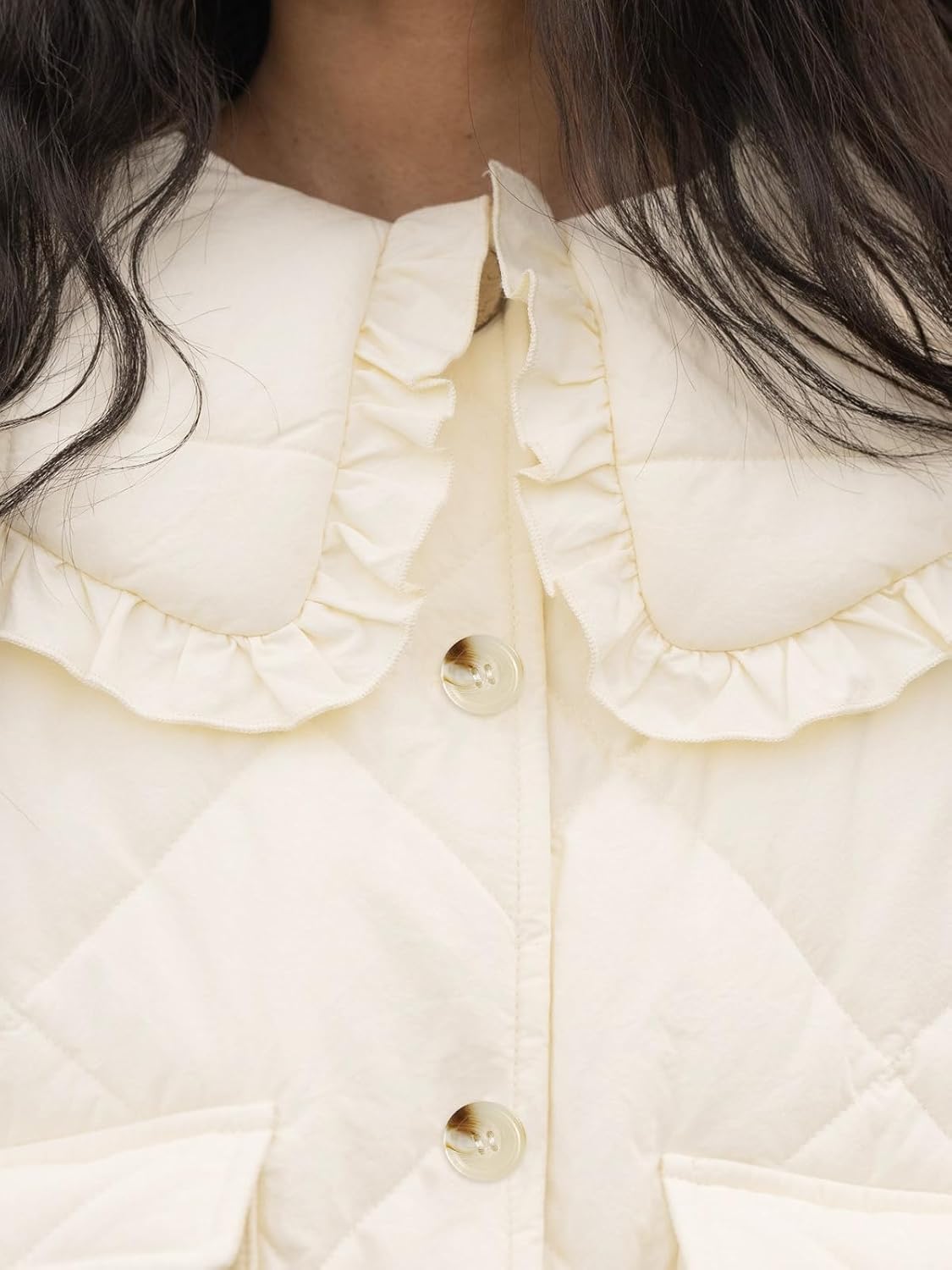 Womens Cropped Quilted Puffer Jackets Frilly Peter Pan Collar Button Down Lightweight Cream Cute Padded Coats - Image 4