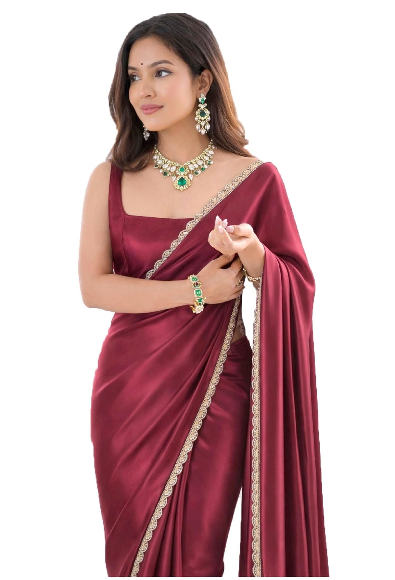 Ready To Wear Saree For Women Maroon Satin One Minute Readymade Stitched Scalloped Border With Unstitched Blouse-image-19