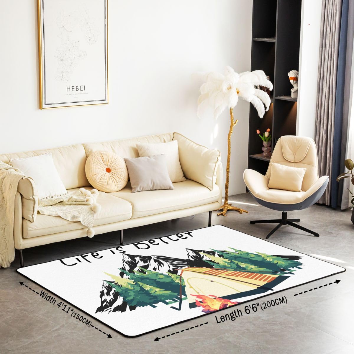 Homewish Camfire namiot glamping dywaniki 150 x 200 cm - czarny przydymiony górski kemping dywan do salonu obóz sosny nie gubi włosia dywan kamper dekoracja vintage duże dywany
