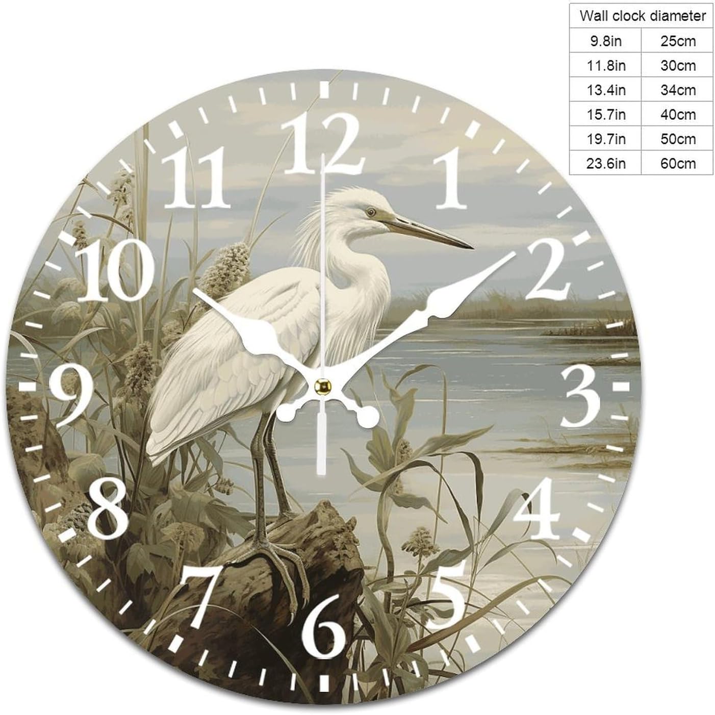 10 Inch Wall Clock Swamp Egret Clock Battery Operated Wall Clocks Silent Non-Tcking Round Wallpaper for Lving Room Round Decorative Wall Clock for Kitchen Home Office Wall Decoratve Clock