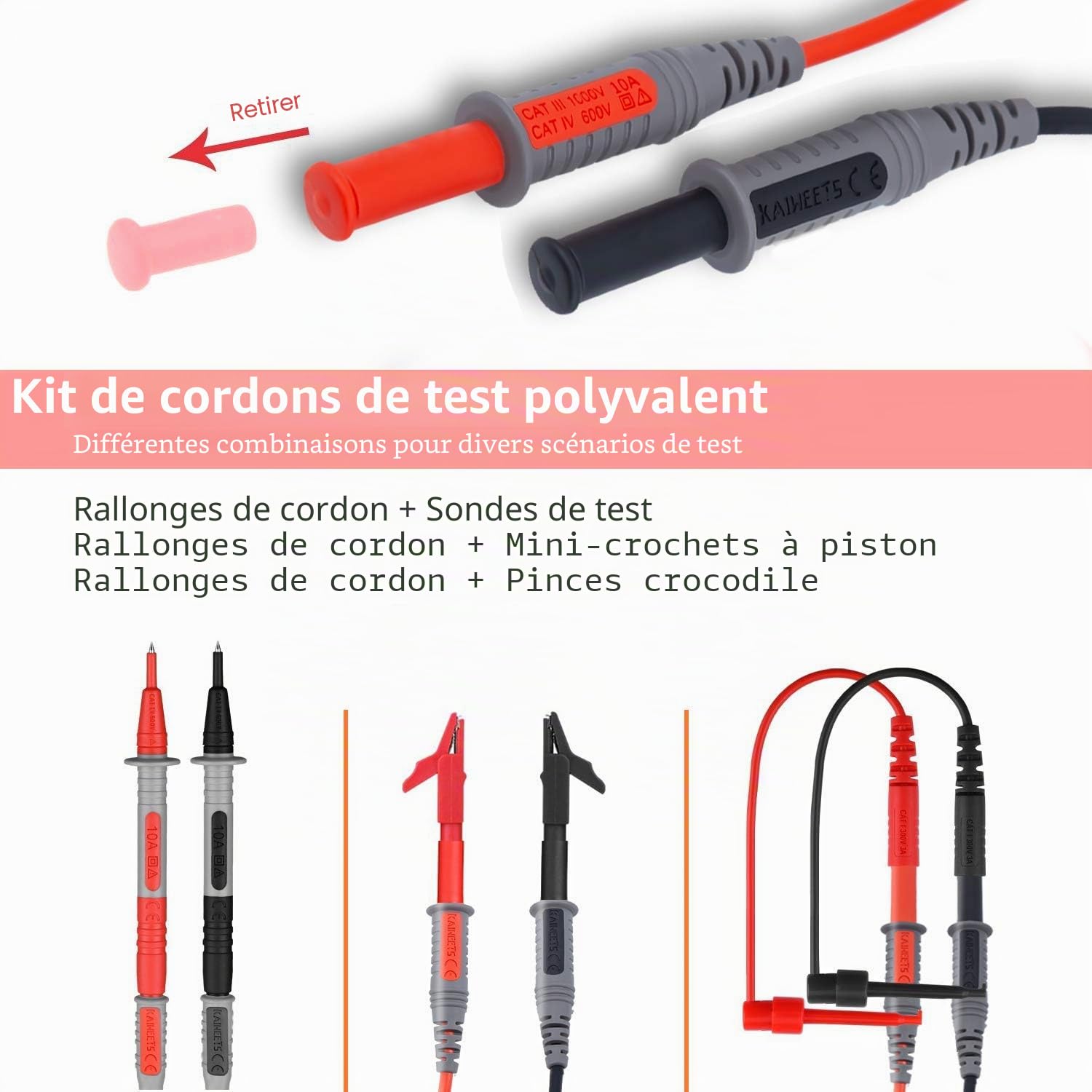 KAIWEETS Sondes de Multimètre, Kit de Test en Silicone Souple pour électricien, Cordons de Mesure avec Pinces Crocodiles et Sonde à Aiguille