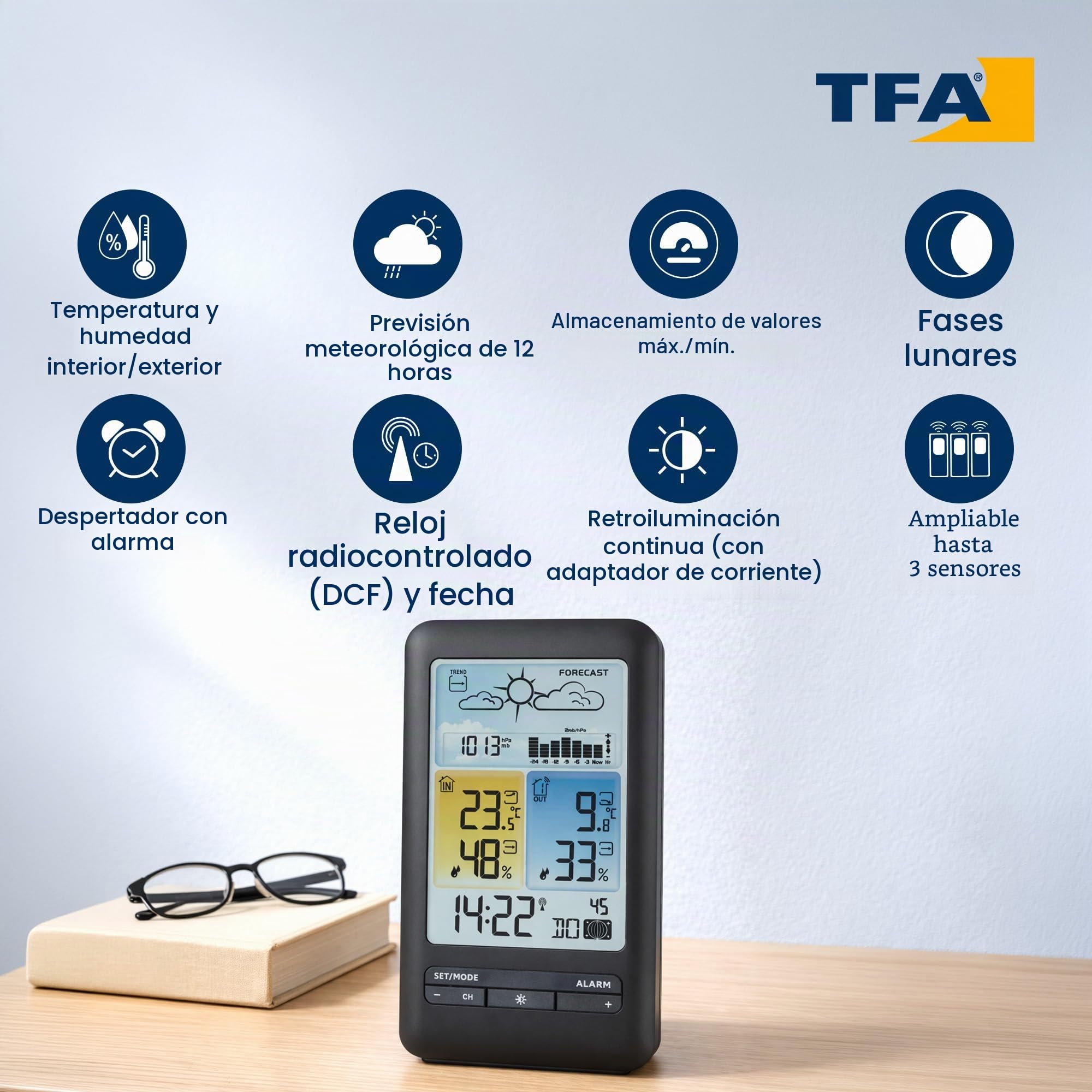 TFA Dostmann Estación meteorológica inalámbrica 35.1165.01, pronóstico y símbolos, presión con gráficos, fase lunar, max/min, exclusiva en Amazon, negro