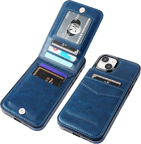 KIHUWEY Funda compatible con iPhone 15 Plus con soporte para tarjeta de crédito, cierre magnético de cuero de alta calidad, función atril, funda