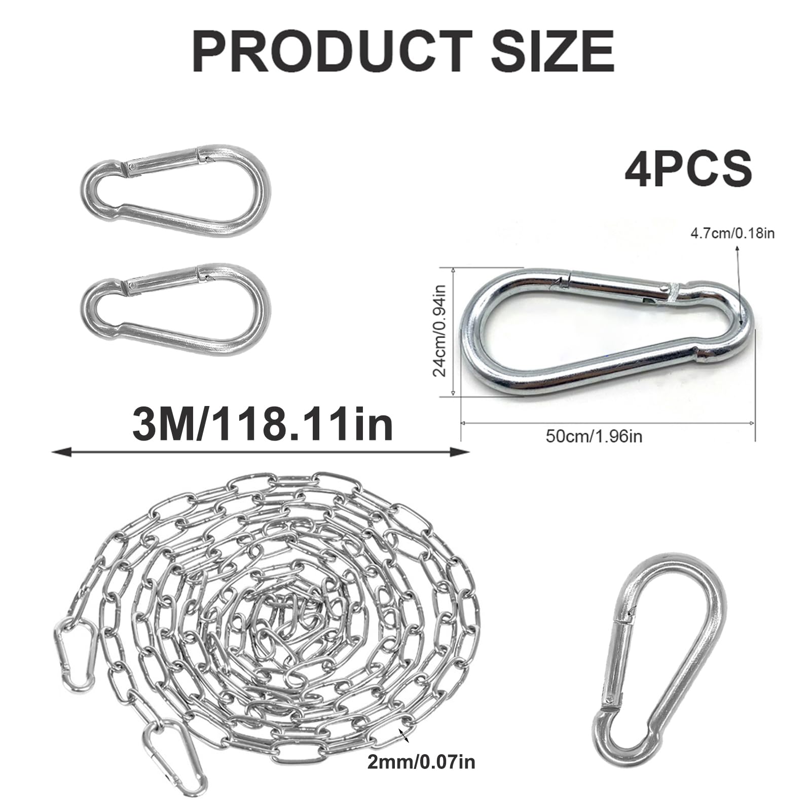 Stainless Steel Chain with Carabiner Steel Chain, 3 m Diameter 2 mm Round Steel Chain - Image 2