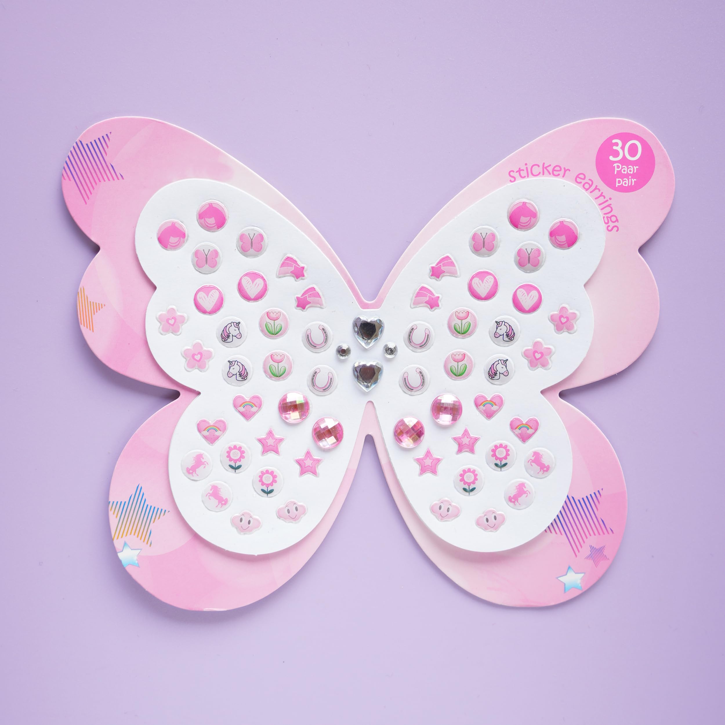 koutey 30 Pairs Butterfly Stick on Earrings - Kids Unicorn Rainbow Stick on Earrings for Little Girls 4-6 Sticker Earring Self-Adhesive Gem Press on Earring (Butterfly-01)