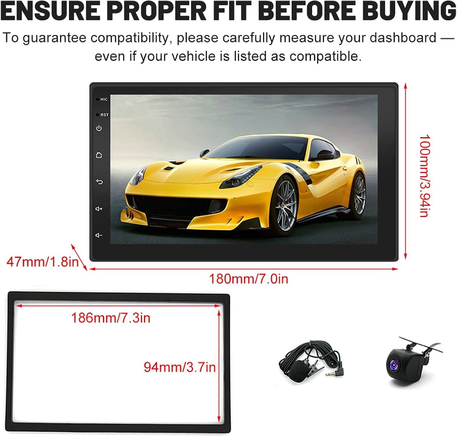 Image showing all included components of the Loddery car stereo package.