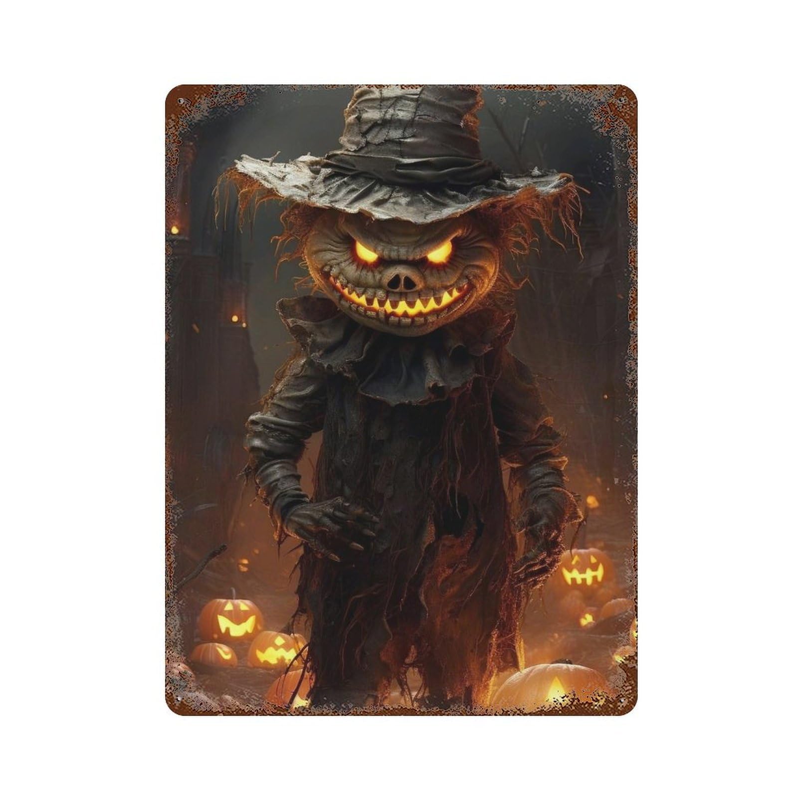 Weathered Tin Sign with Halloween Pumpkin Scarecrow Horror Design 15.7"x11.8", for Garage, Bar And Workshop Decor, Decorative Metal Wall Art