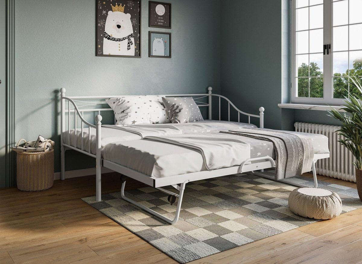 DecoInParis Lit Banquette gigogne en métal Blanc Alicia 90 x 190 cm
