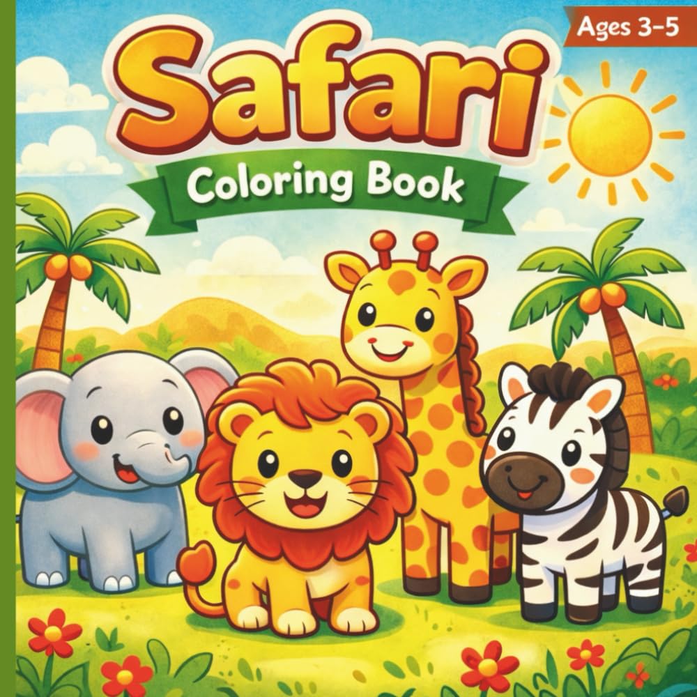 Safari Coloring Book Ages 3–5: Fun & Easy Animal Coloring Pages – Toddler Activity Book with Lions, Elephants, Giraffes & More