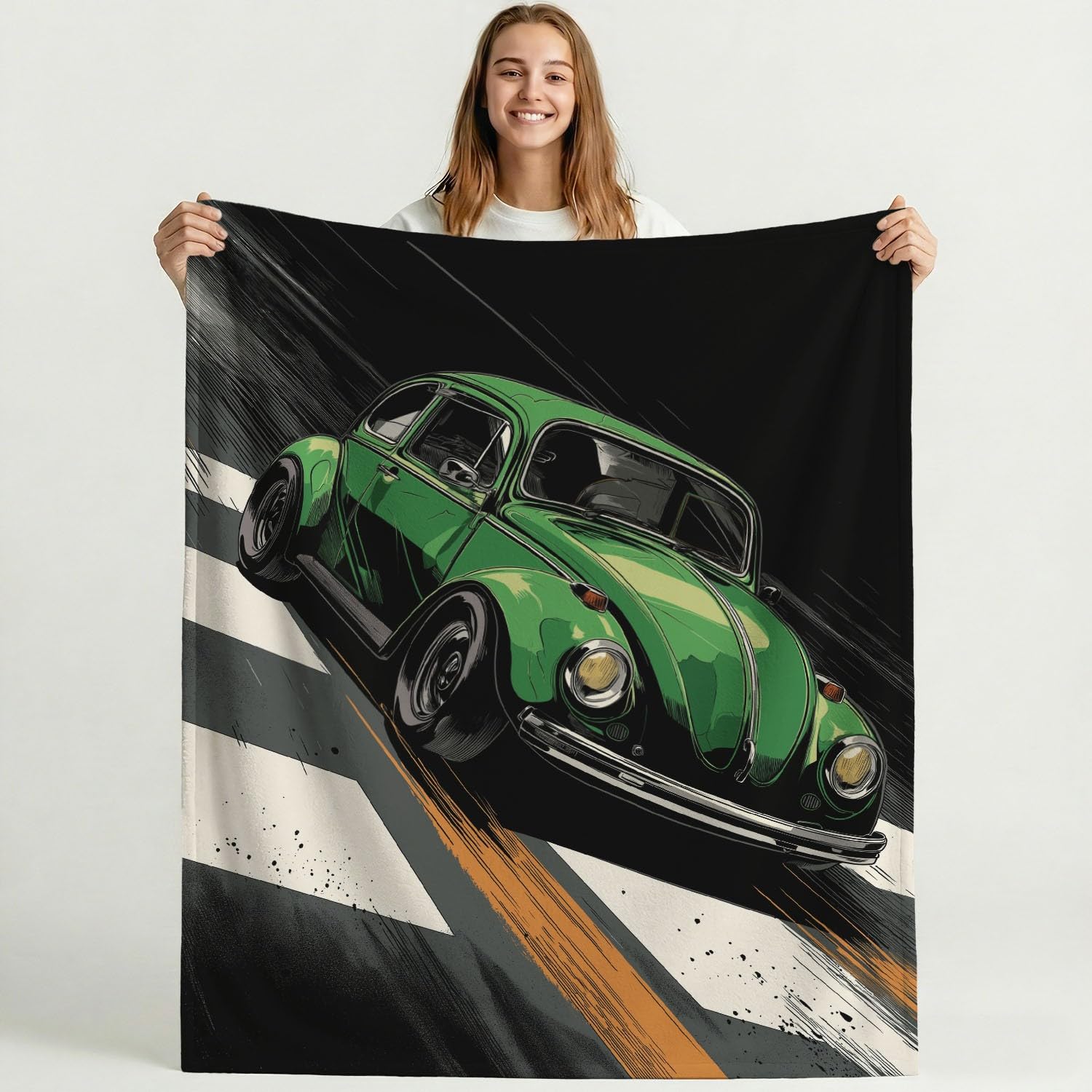 Genérico Vintage komiks energetyczny zielony samochód - miękki koc z mikrofibry, wygodny polar 150 cm x 180 cm gobelin dekoracyjny szal dla dzieci i dorosłych, idealny na łóżko lub sofę