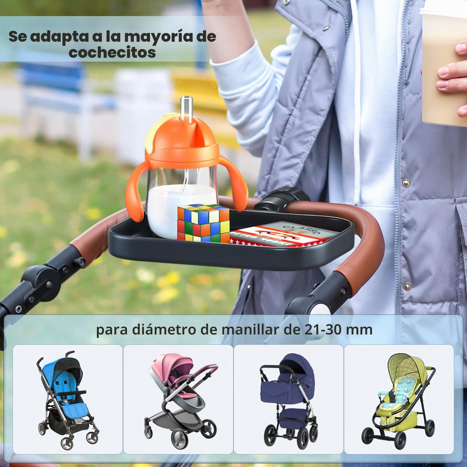 KDD Universal Bandeja de bocadillos Cochecito, 2-1 Bandeja para Cochecito con Portavasos, Accesorio para Bandeja Organizadora, Compatible con Carrito de la Compra Uppababy, Baby Jogger, Britax, Bob