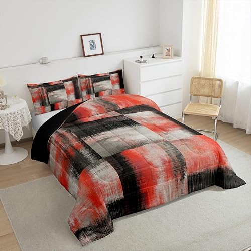 Miniatura 5 de Juego de edredón de color rojo y negro y gris, juego de ropa de cama tamaño individual, diseño de retazos geométricos en acuarela y cuadrado,