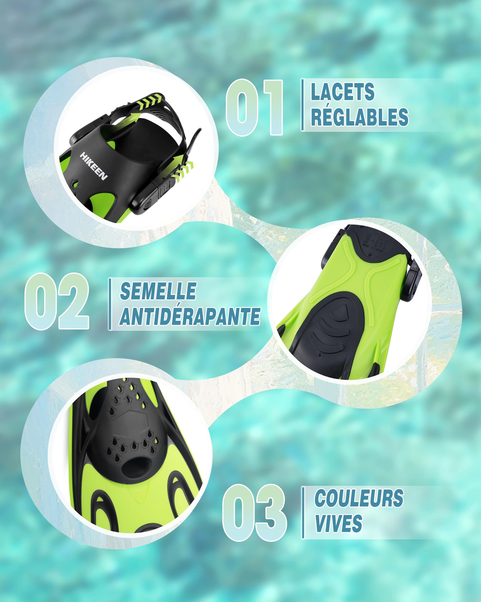 Hikeen Palmes de Plongée Réglables: Palmes Courtes pour Adultes et Jeunes, Palmes Natation Piscine Unisexe à Talon Ouvert, Palmes d'apnée Légères avec Sac Filet