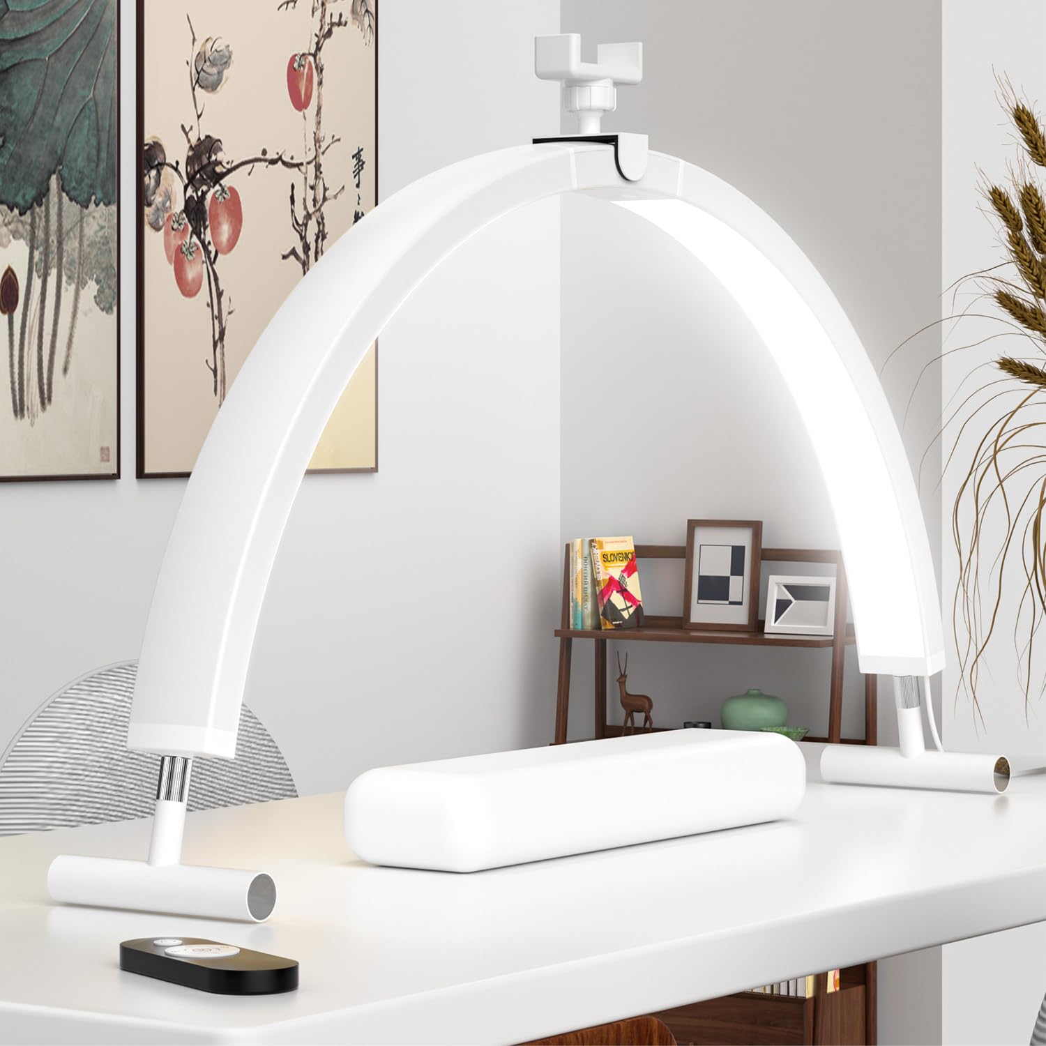 YFHT Half Moon Light, 29'' Half Moon Lamp Adjustable Brightness, Nail Light For Desk with Phone Holder, Desk Lamp for Lash Eyelash Extension, Tattoo, Eyebrows, Nail Lighting,White