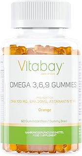Vitabay Omega 3, 6, 9 Gummies 400 mg • 60 Gummibärchen für Kinder • Orange • Für Gehirn- Augen- und Herzfunktion im Wachstum