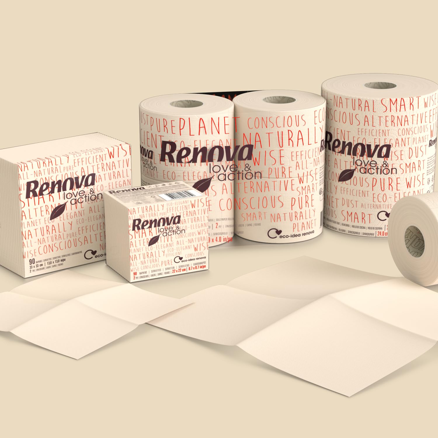 Serviettes En Papier Renova Love & Action – 90 Unités, Kraft, Label Écologique