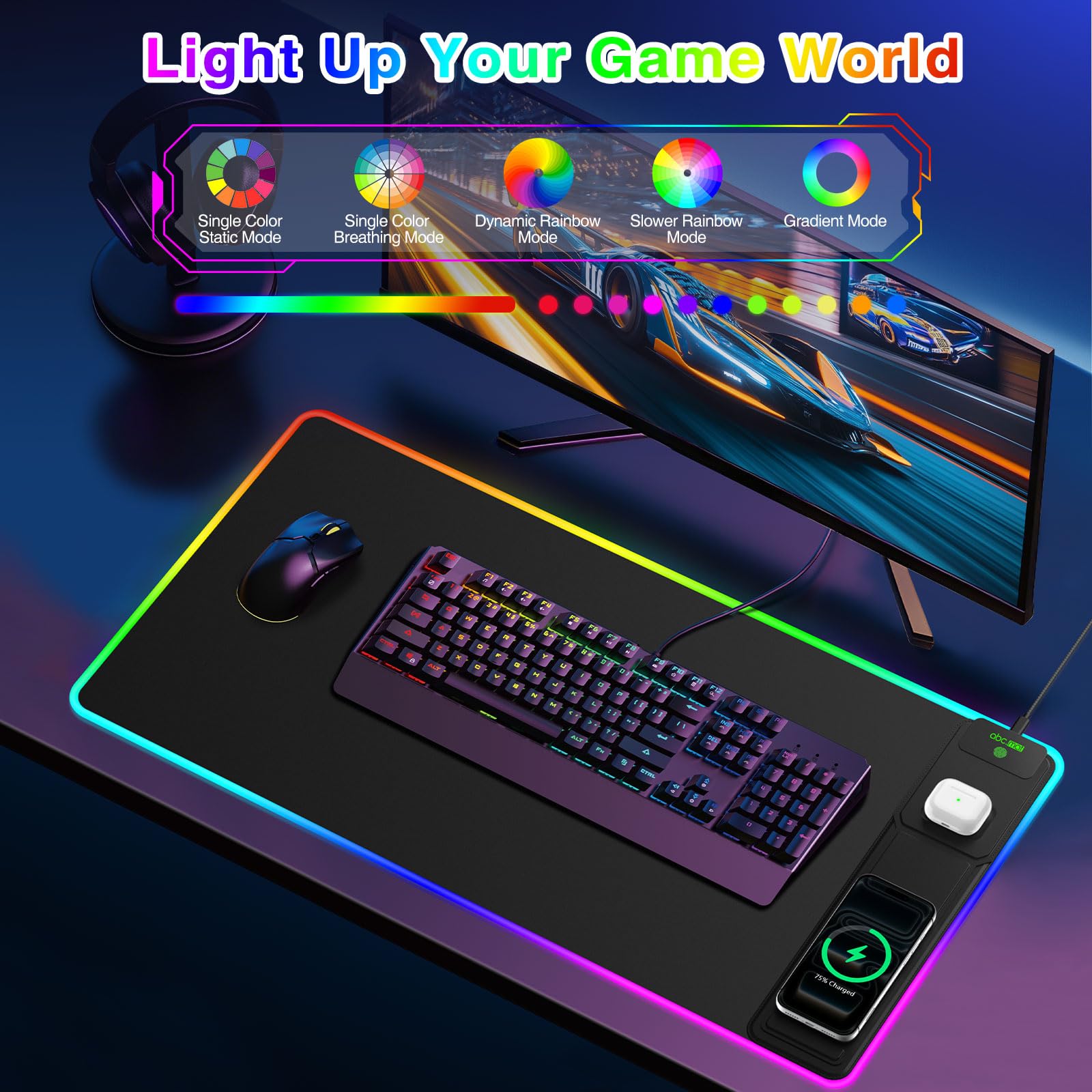 Tappetino per mouse da gioco XXL RGB LED con ricarica wireless magnetica e supporto pieghevole per telefono, 80 x 40 cm, tappetino da scrivania ultra liscio, 25 effetti di luce, base antiscivolo