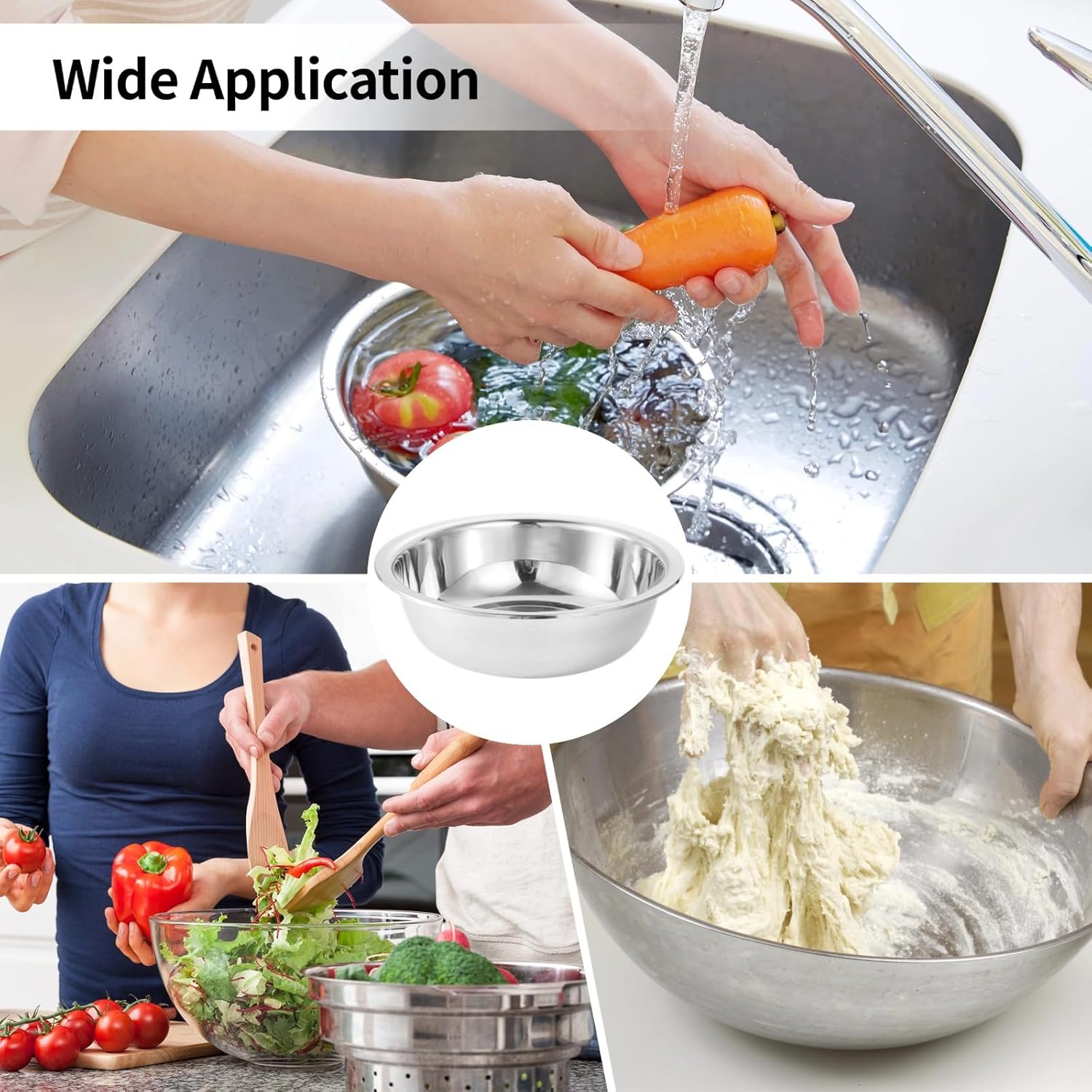 Mixing Bowls Stainless Steel 4 Pcs, Extra Large Basin Kitchen Metal, Mirror Finish, Safe Dishwasher, Food Prep Baking Cooking, Commercial Use, Salad Bowl