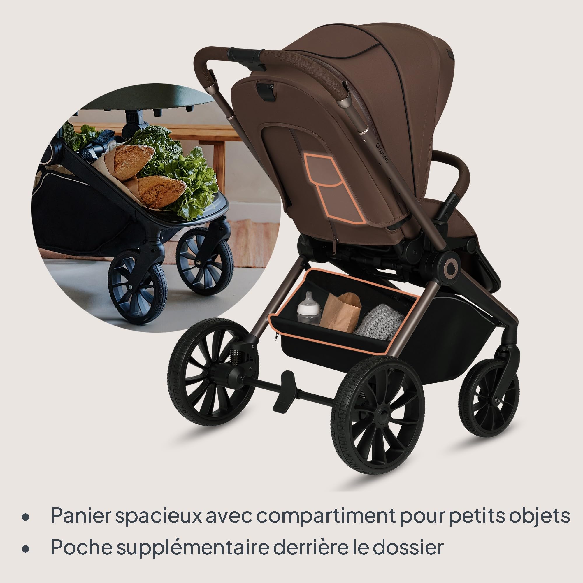 LIONELO Mika Plus Poussette & Buggy, De 6 Mois jusqu'à 22 kg, Roues Tout Terrain avec Suspension Pare-Soleil XXL UPF50+, Dossier et Repose-Pieds Réglables, Hydrofuge, Léger Pliable, Marron