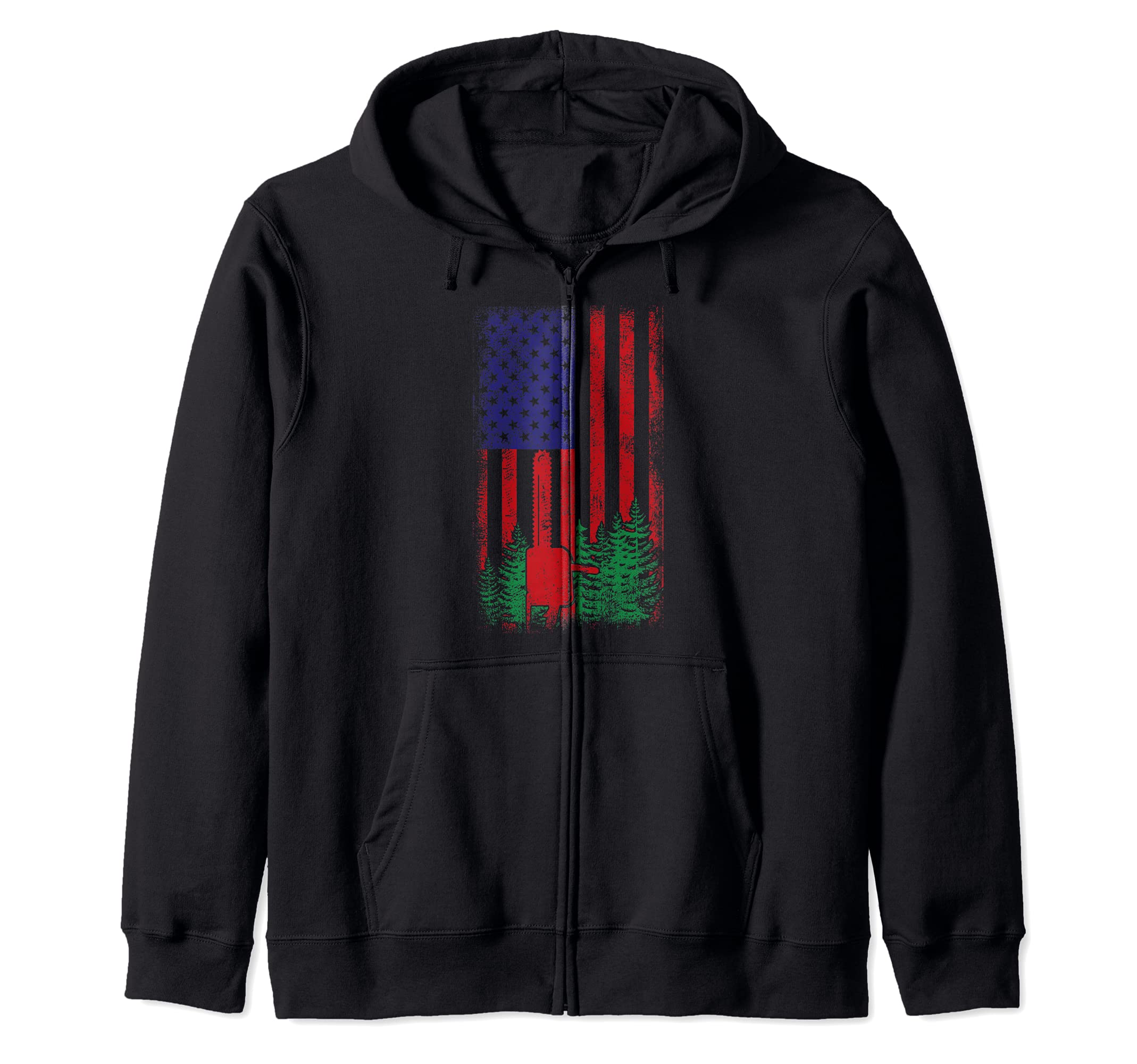 Retro Vintage American Flag Chainsaw And Woods Zip Hoodie, Black
