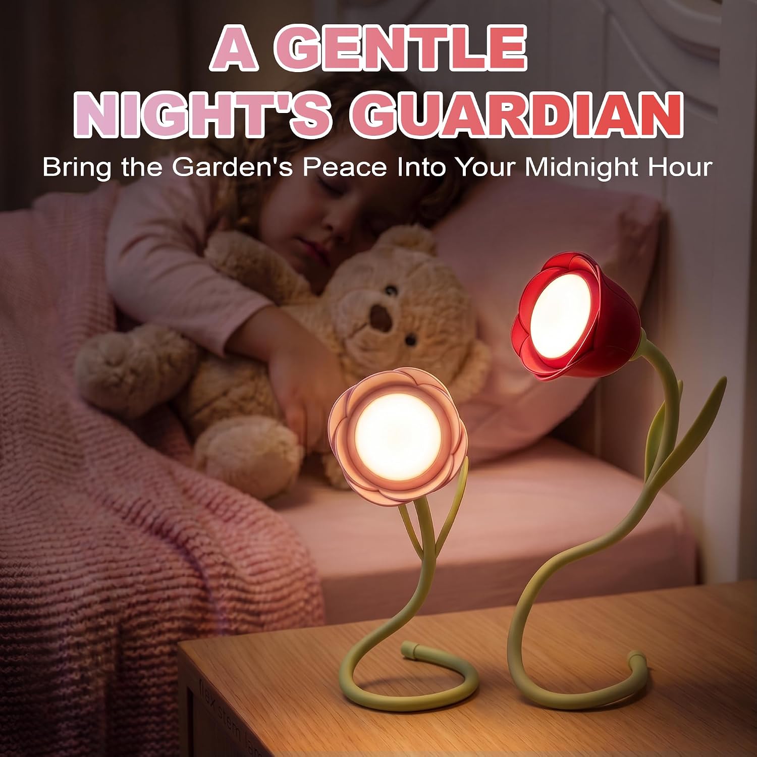 Rechargeable Flower Nursery Night Light for Kids & Room Decor | Cute Breastfeeding Light for Bed Frame & Midnight Feeds, Stepless Dimming & Flicker-Free, Portable Bedside Lamp, Rose Pink&Red image 3