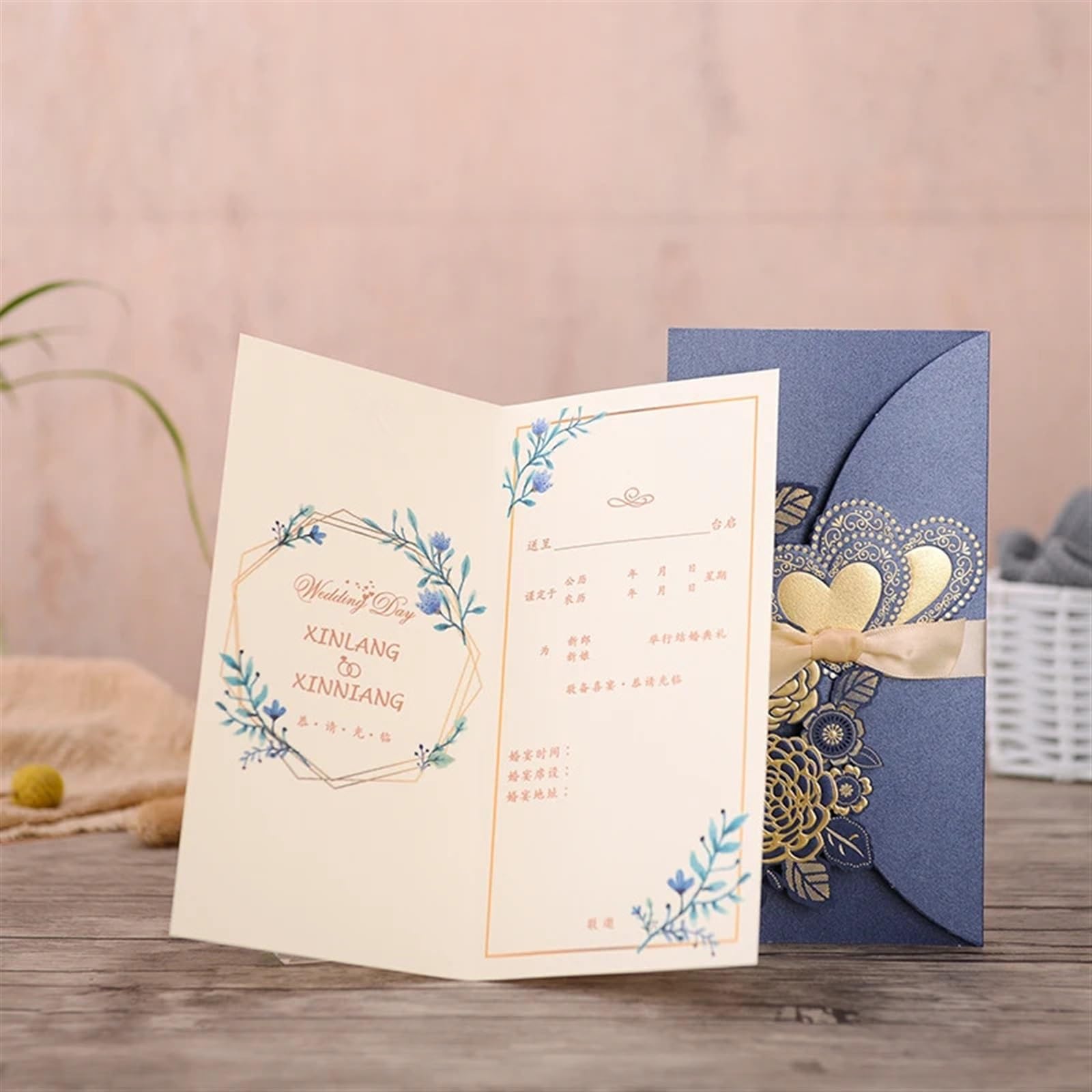 Hochzeitseinladungs-Set, Liebe Herz Hochzeitseinladungen Karte anpassen Band Multicolor Pack 5 oder 10 Stück(Gold Cover Insert,5pcs)