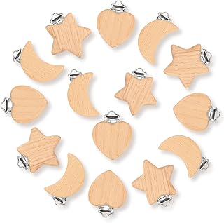 15 Pieces Wood Pacifier Clips, DIY Pacifier Clips Suspender Clips, Beech Wooden Pacifier Clip Holder for Teething Baby Toddler, Star Heart and Moon