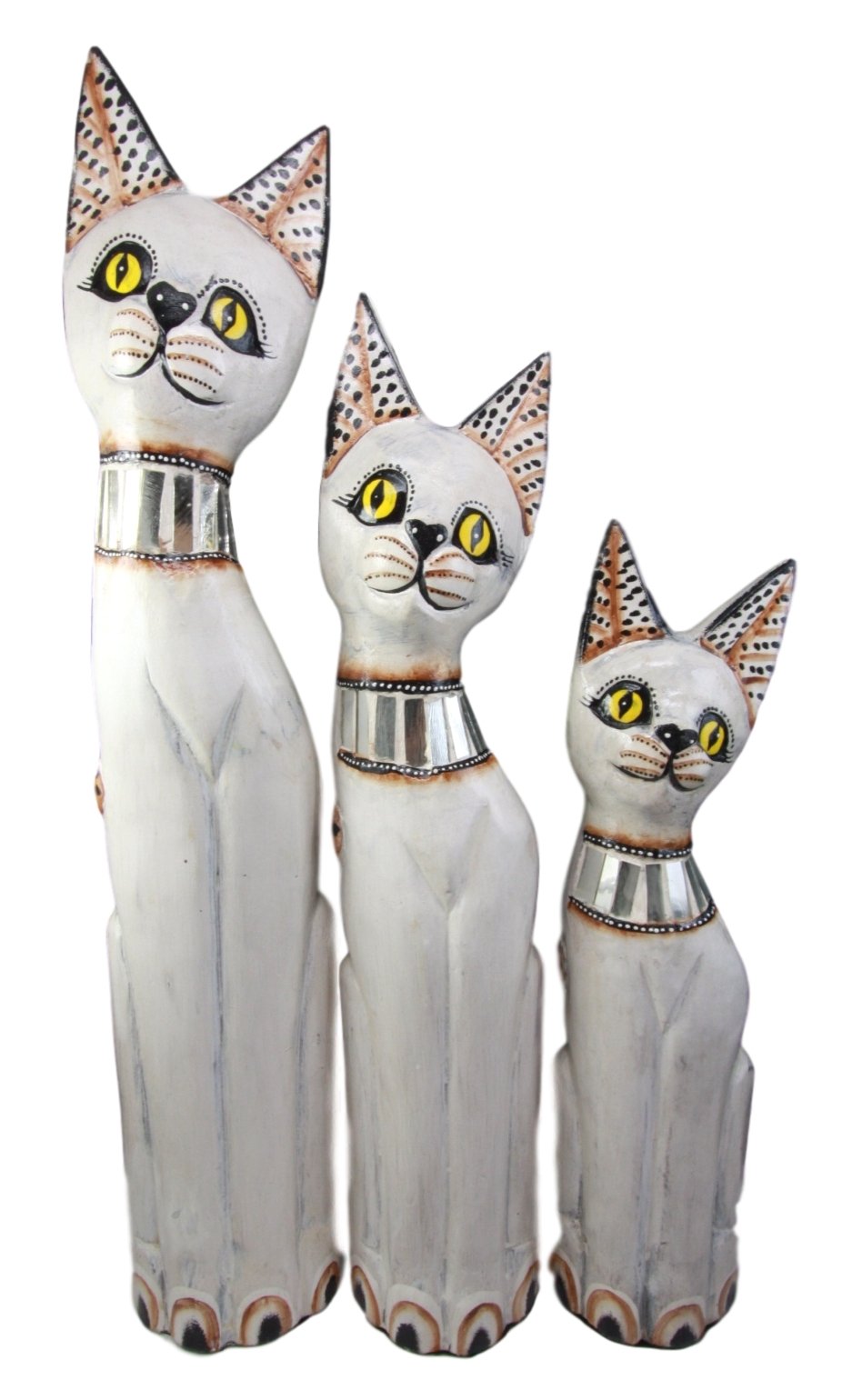 Hand Made Wood Artisans "Kucing Siam" Large White Siamese Abstract Feline Cats Family Set of 3 Decorative Figurines 24"H